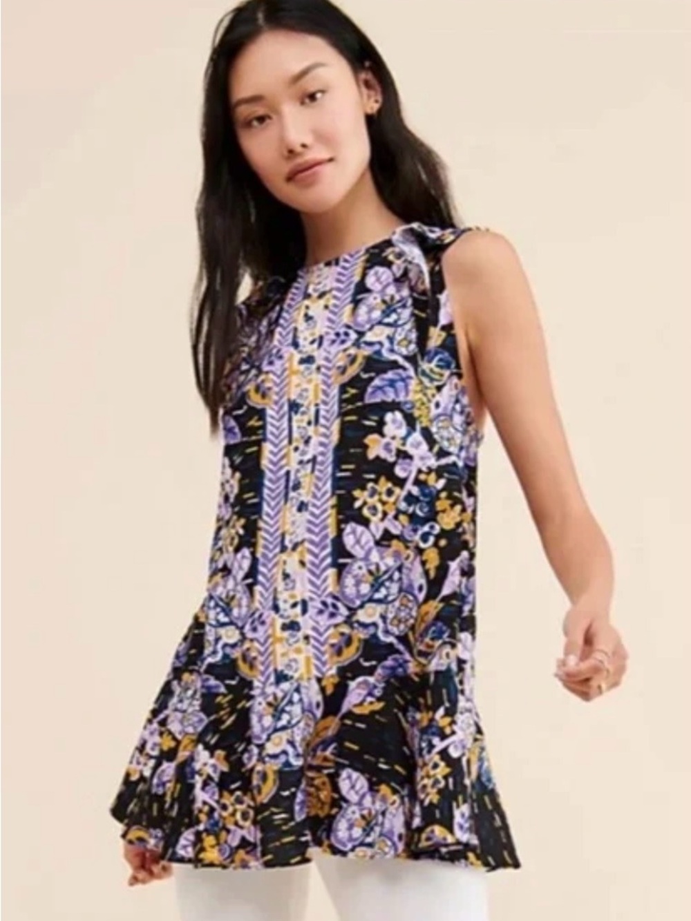 Free People Summer in Tulum Tunic Top in black lavender floral combo